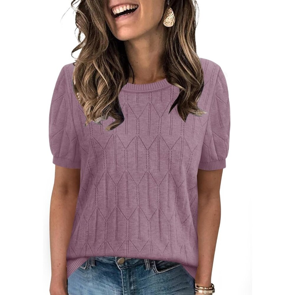 Women Short Sleeve Purple Sweater Round Neck Summer Work Beach Vacation Top